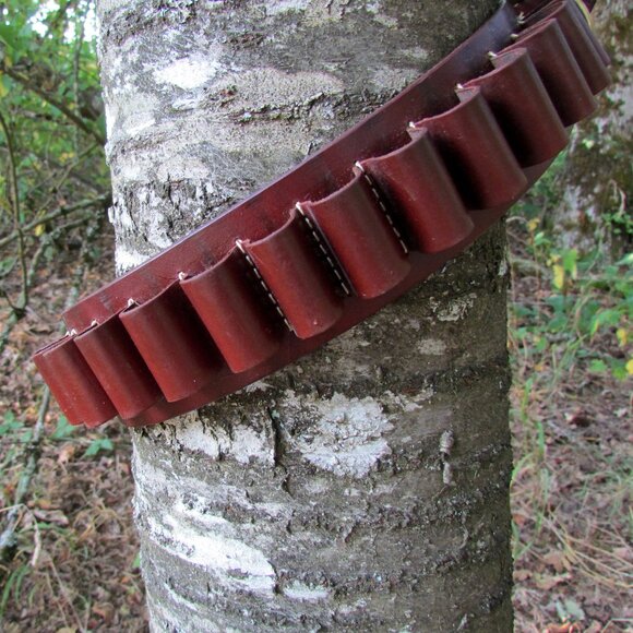 LEATHER AMMO BELT, HUNTING;  32"- 37" WAIST, 2.5" WIDE, BRASS BUCKLE; HUNTER'S - Picture 3 of 11